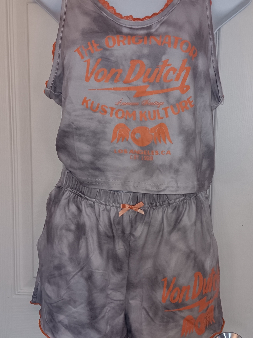 Von Dutch Gray Tie-Dye Tank & Shorts 2pc Set with Orange Graphics Women's Size M